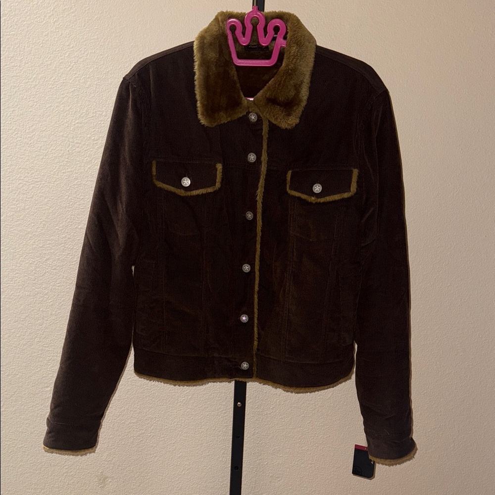 Hurley Dark Brown Teddy Trucker Corduroy Jacket  Faux Fur Collar Fully Lined XL